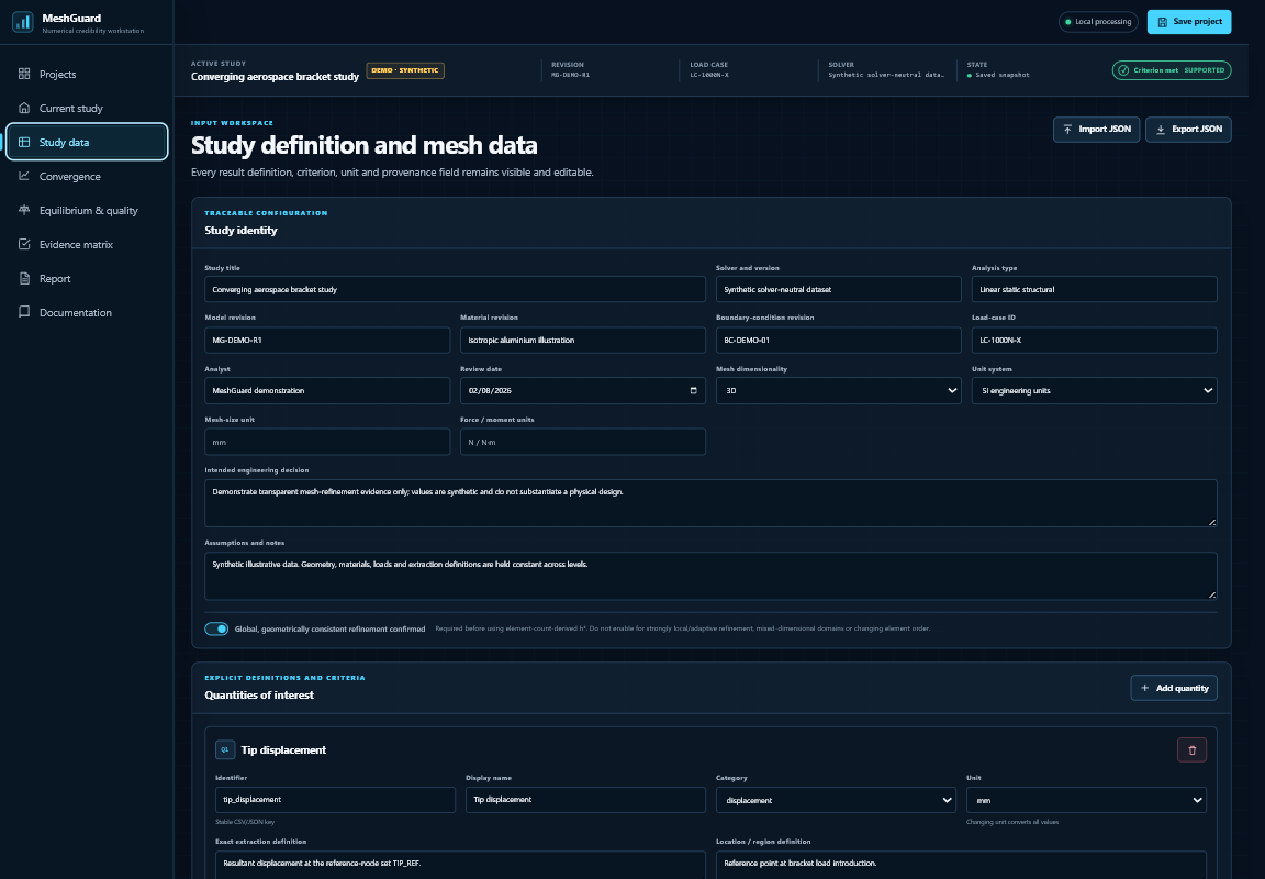 Editable MeshGuard mesh study data table with engineering inputs and criteria